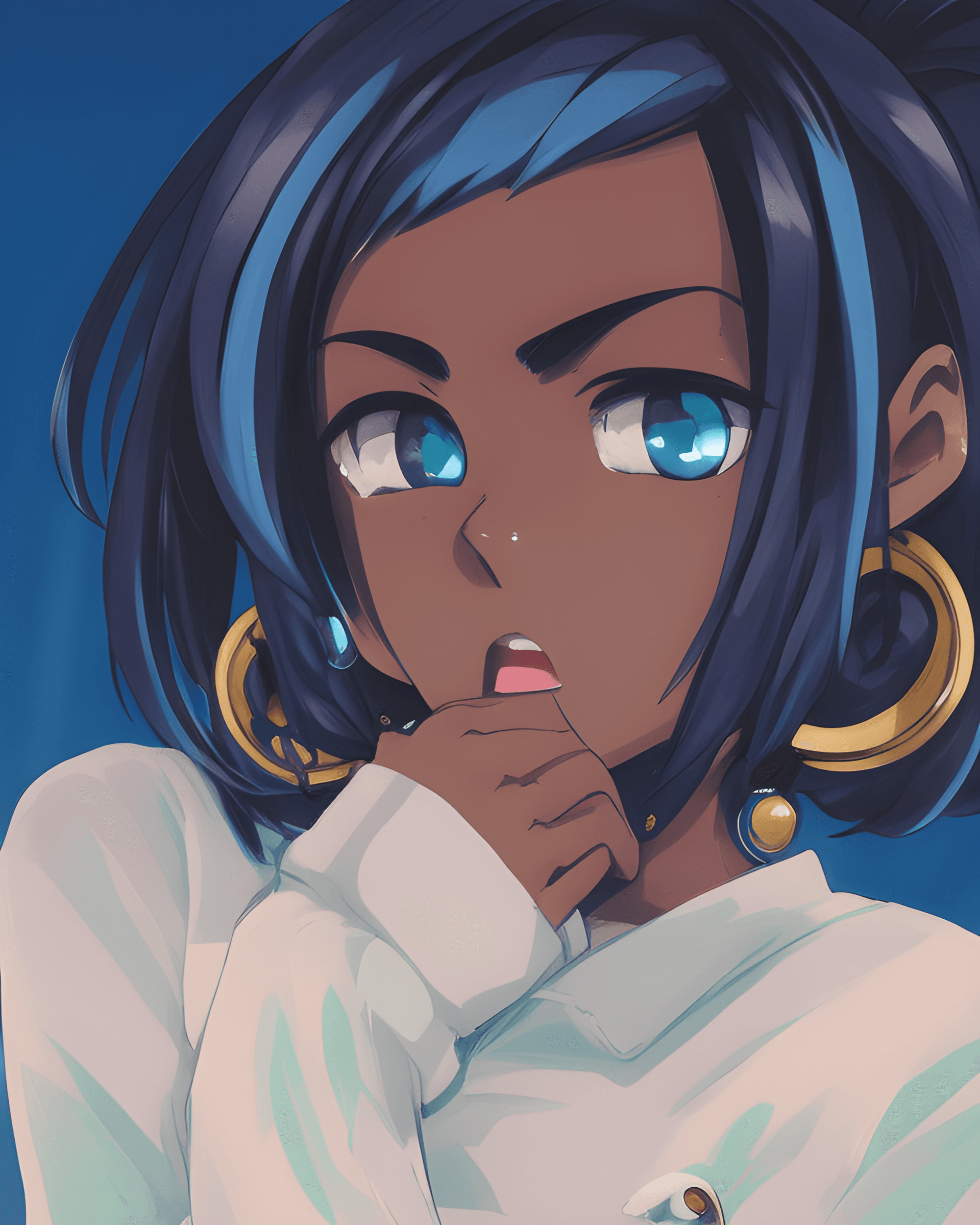 AI generated: a close up of a person with blue hair, black hime cut hair, black anime manga girl, blue sweater, ph...