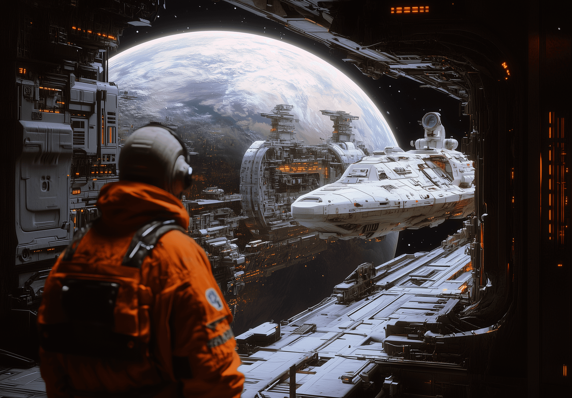 AI generated: Cinematic still of a space station orbiting an alien planet, with a large white spaceship in the bac...