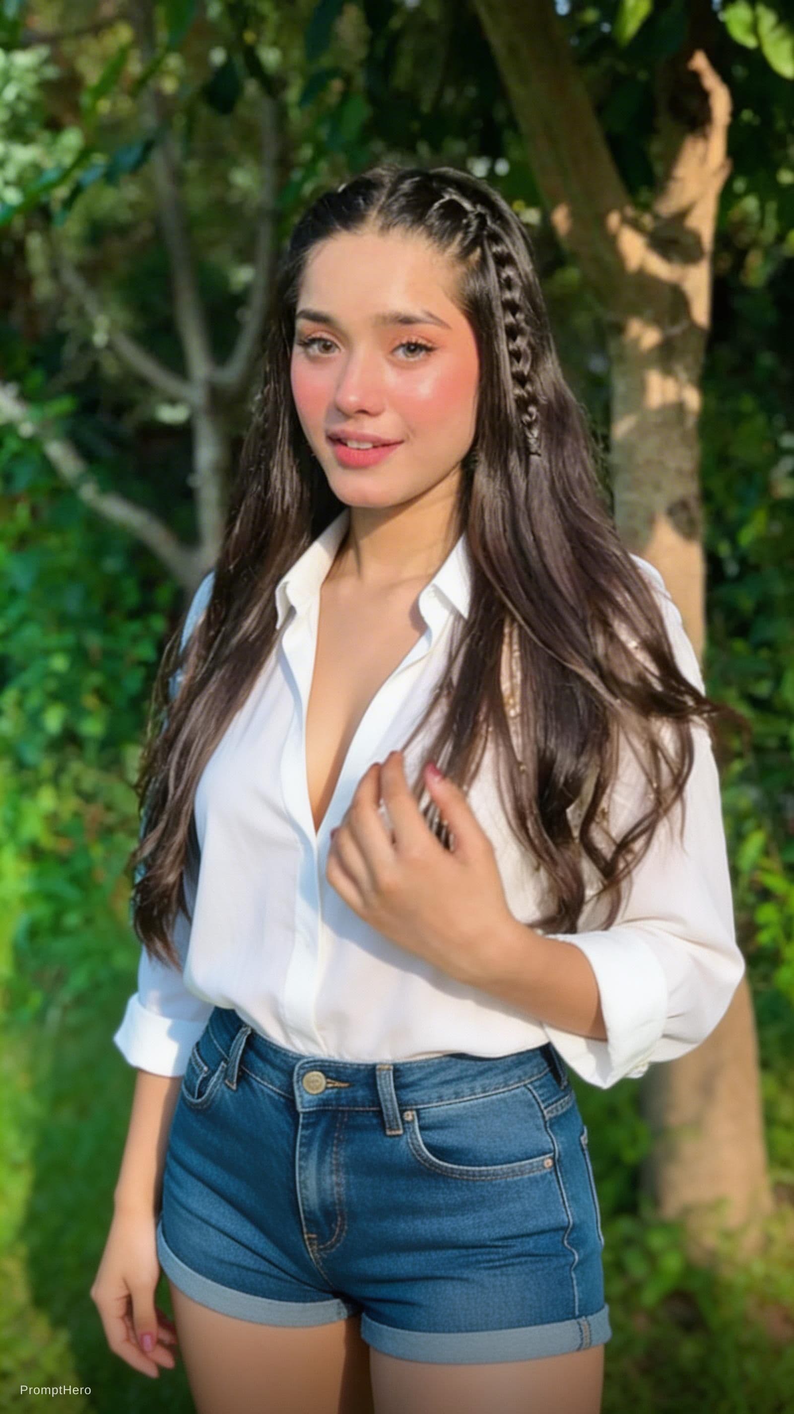 AI generated: plunging neckline shirt, short jean shorts
