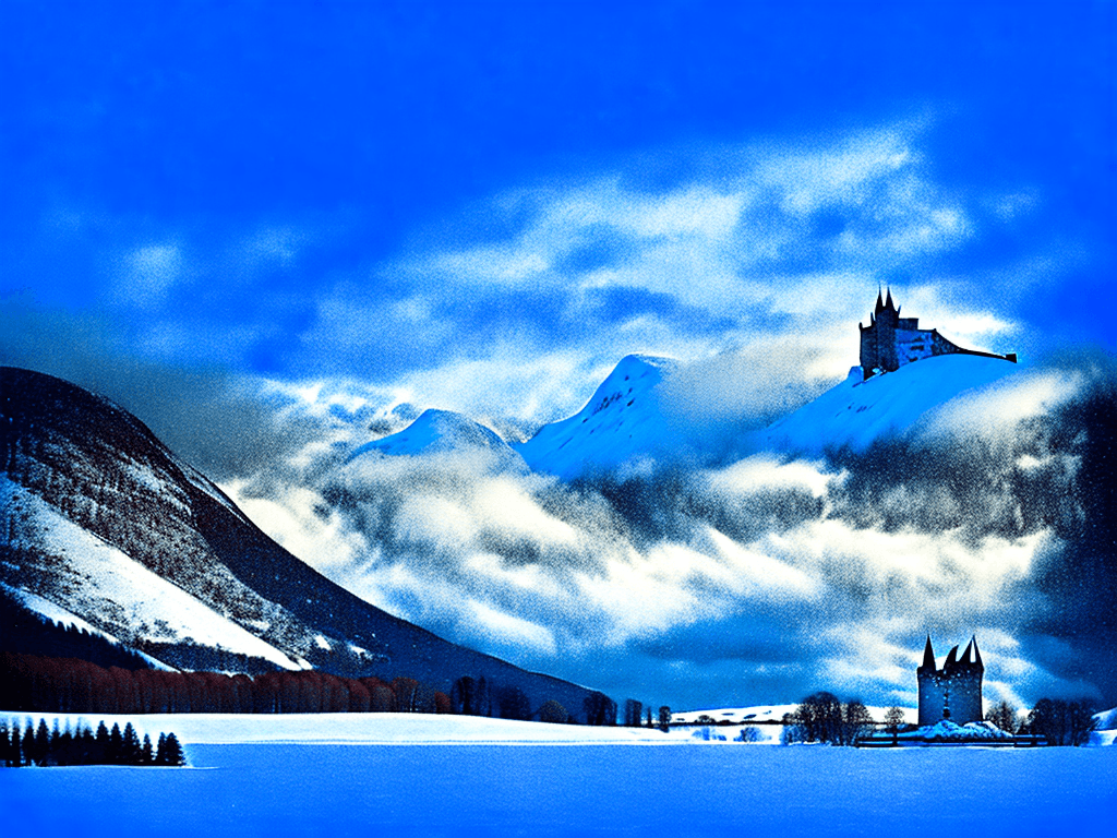 AI generated: Snow covered old castle ruin next to a Scottish Loch, winter scene with heavy snowfall in the sky, m...