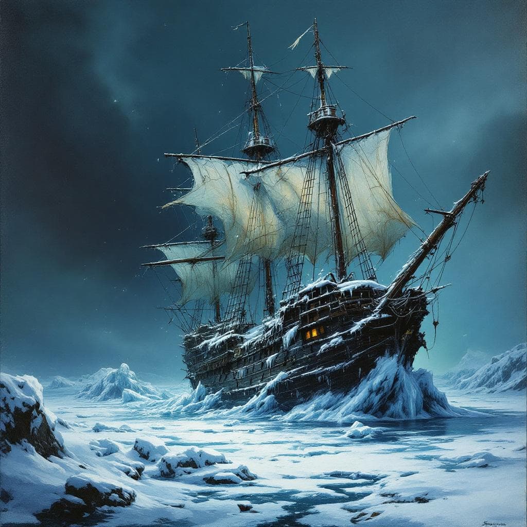 AI generated: An old pirate ship frozen in arctic ice, tattered sails and snow-covered deck, dramatic lighting — i...