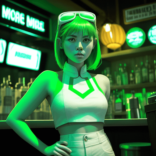 AI generated: a young america mwoman standing in front of a bar, in the style of hyper-realistic sci-fi, light gre...