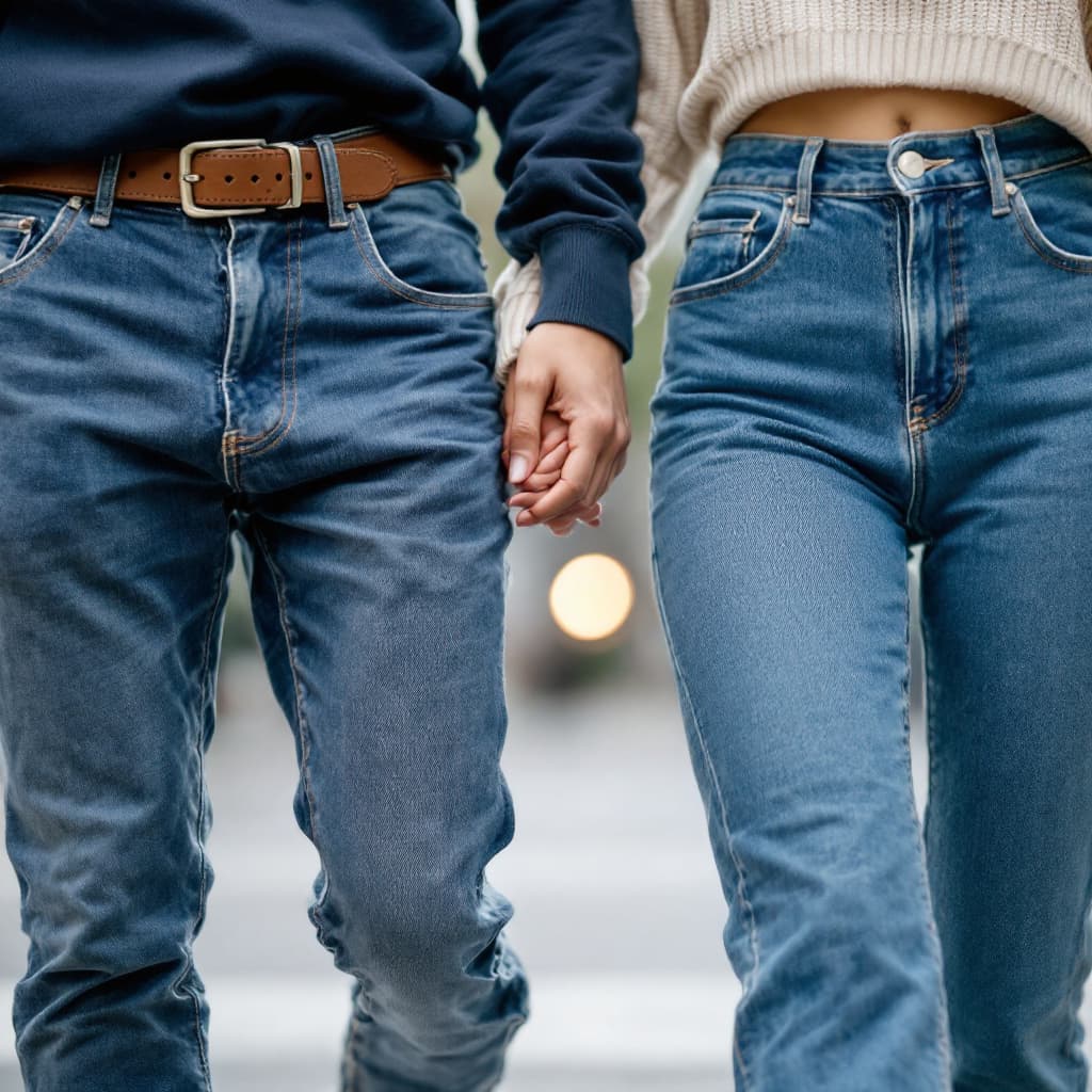 AI generated: "A young man and woman in South Korea walking joyfully while wearing jeans, with the belt buckles vi...