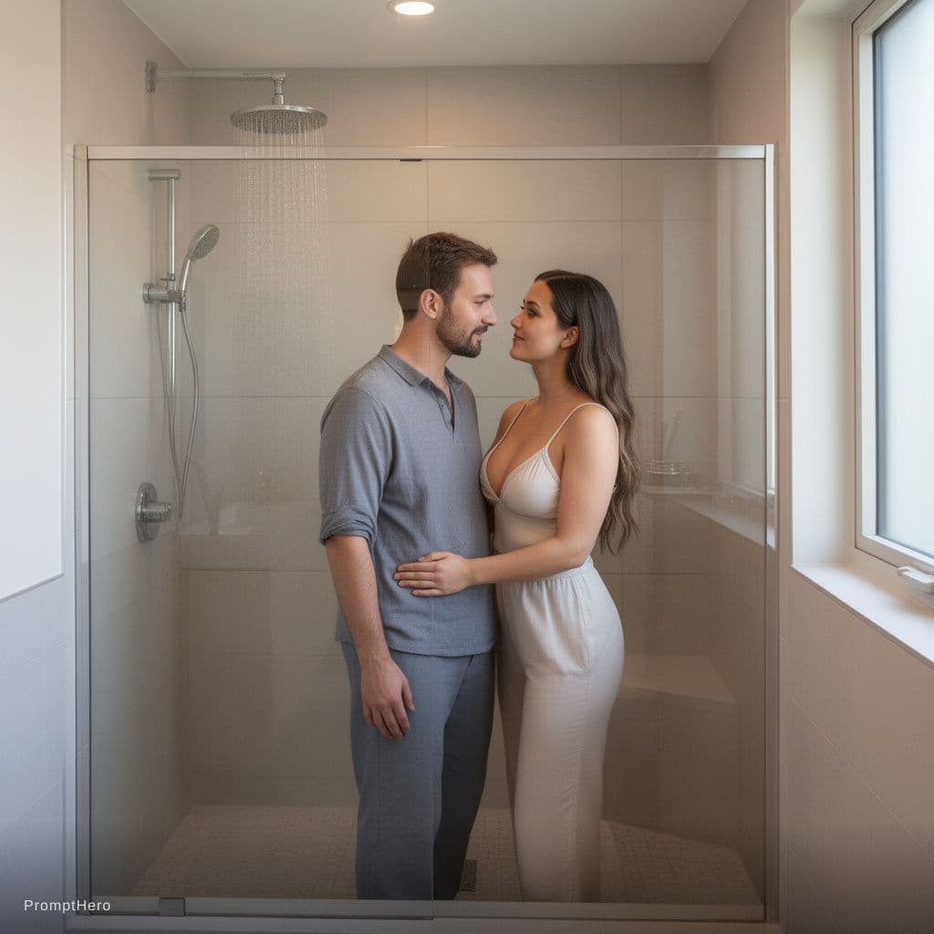 AI generated: Medium shot Man and woman standing in walk in modern home shower,.undressed about to share intimate ...