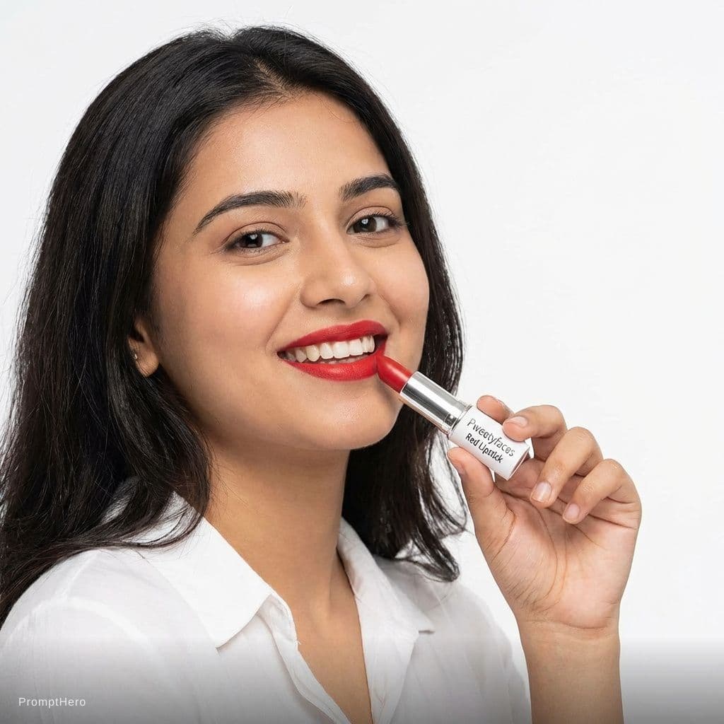 AI generated: A very pretty model Grabs a Pweetyfaces Red Lipstick And Swipe Into The Red Lips At white Background