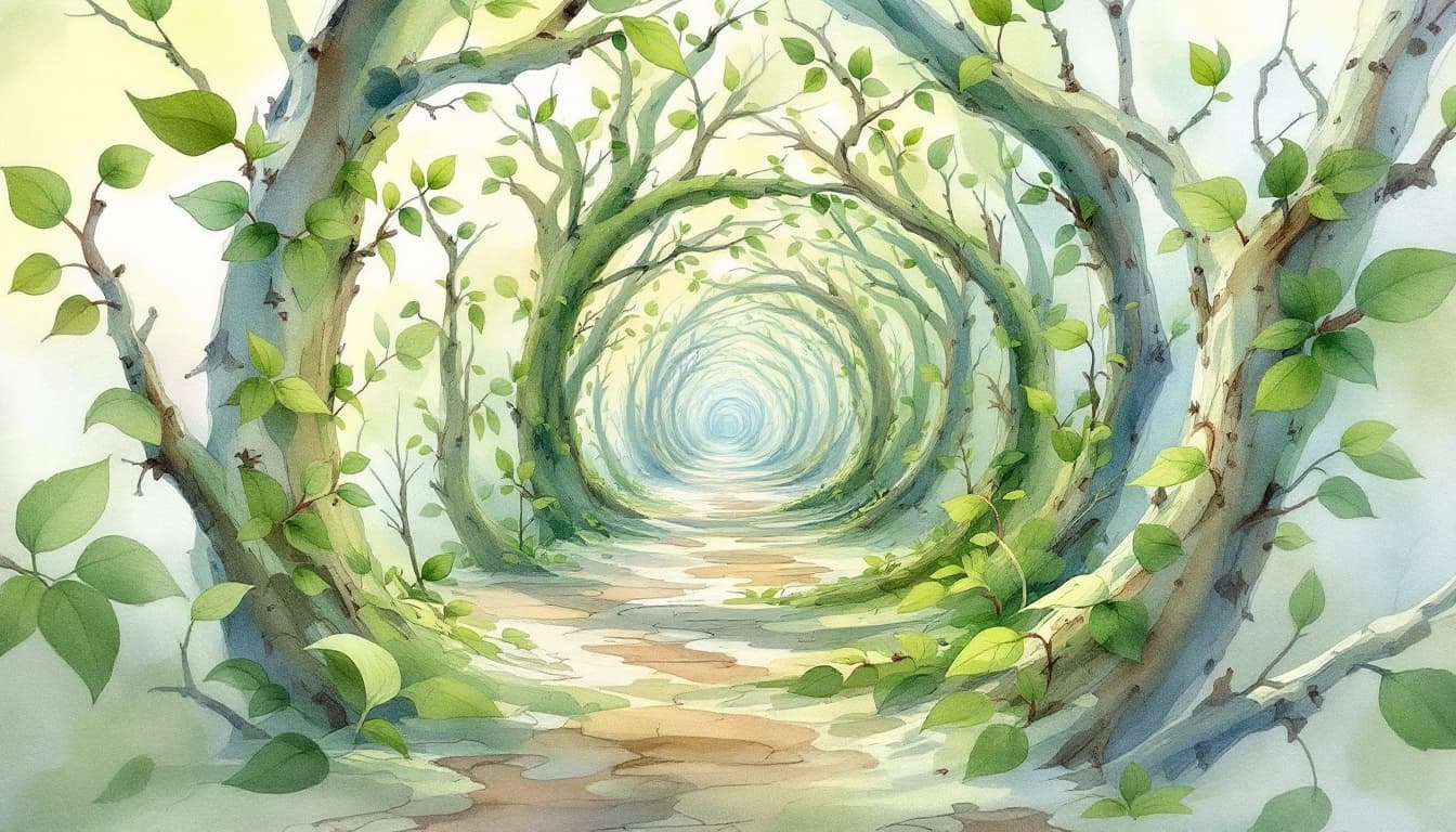 AI generated: water color work, fractals, symmetric work, pastel colors, a straight infinite tunnel of greeneries ...