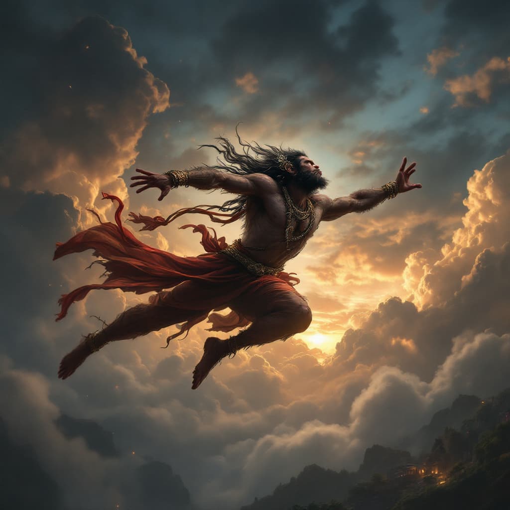 AI generated: Lord Hanuman, the hindu monkey god, flying in the sky, super art, super detail, super quality, incre...