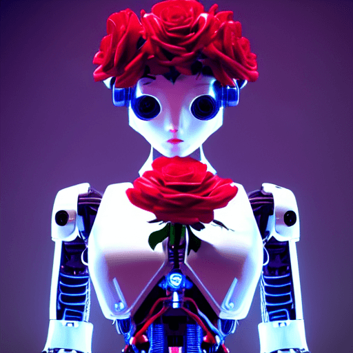 AI generated: beautiful robot holding bright roses in hand close-up, cyberpunk, intricate artwork . octane render,...