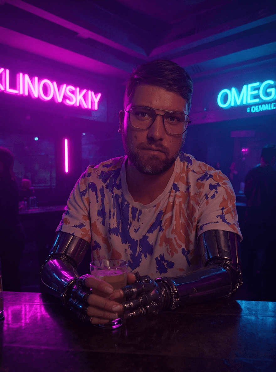 AI generated: Use my selfie. I'm sitting at the counter of a futuristic cyberpunk bar, wearing stylish clothing an...