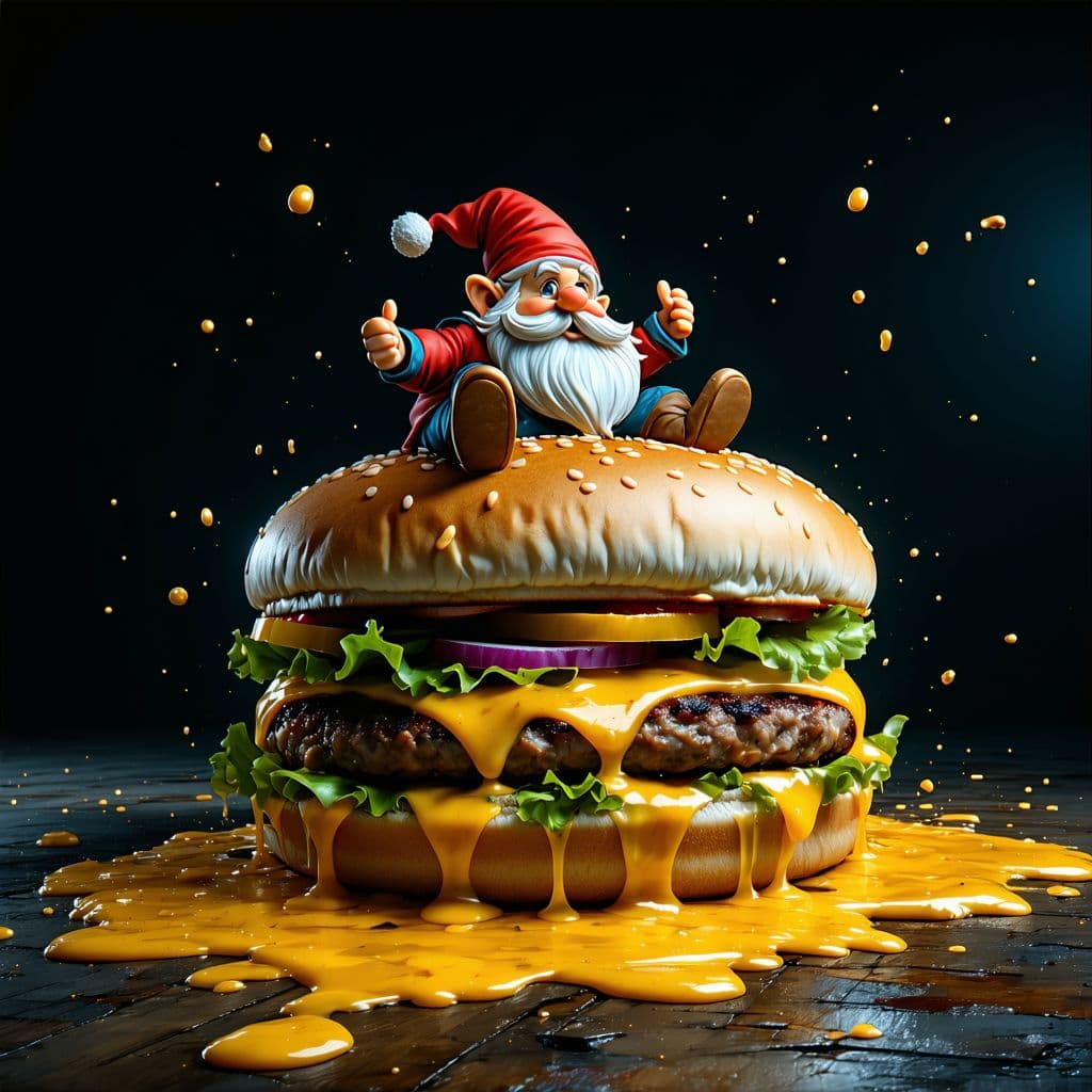 AI generated: dwarf is sitting on giant cheeseburger, onion rings and lettuce are spinning around, melted cheese i...