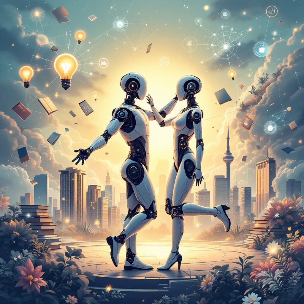 AI generated: A captivating illustration of a human figure and a sleek AI humanoid robot dancing together graceful...