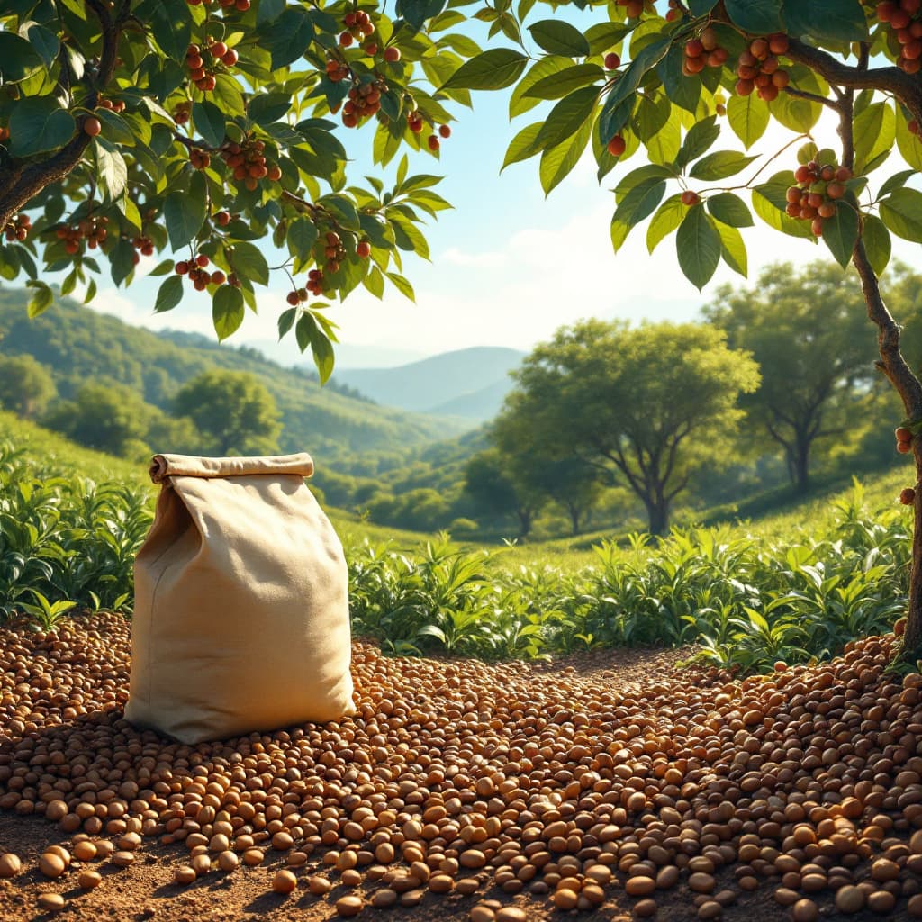 AI generated: [several coffee beans],[roasted],[with a bag of coffee], [sunny day], [coffee trees],[large farm],[n...