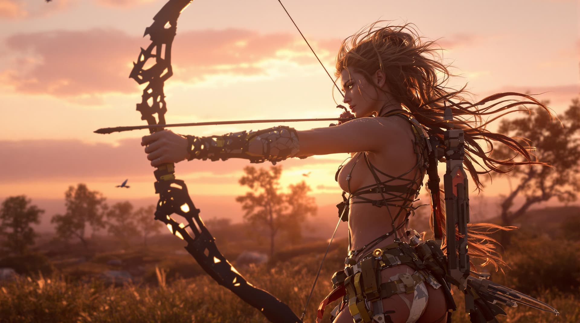 AI generated: A hyper-realistic side view, full-length shot, full body photograph of Aloy from Horizon zero Dawn w...