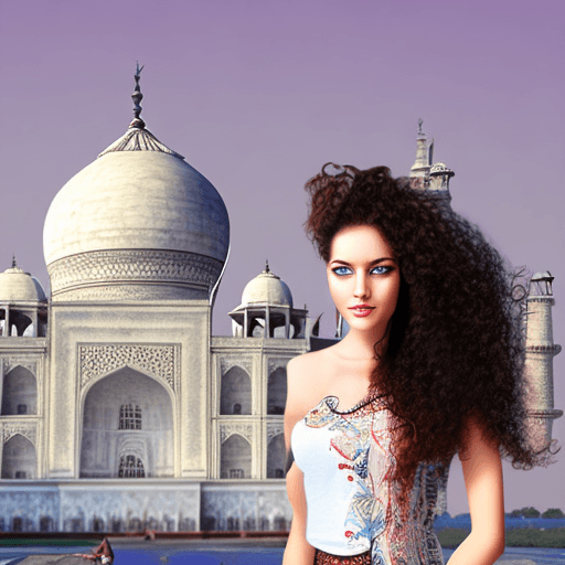 AI generated: create a beautiful girl image with long curly hair, blue eyes standing near taj mahel