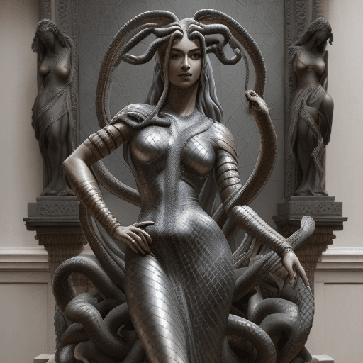 AI generated: Medusa with snake hair and in a modern day dress, she poses, in the style of bronze patina, multilay...