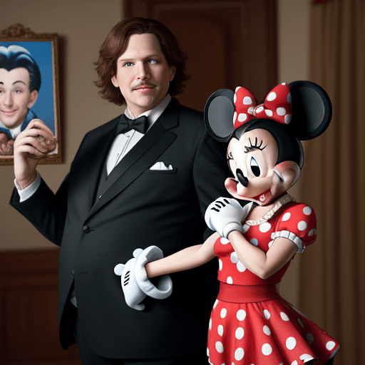 AI generated: Mickey Mouse as Javier Milei, Fat, and 55 years old, dancing with Minnie. 
Photorealistic, 
high det...
