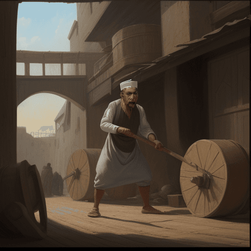 AI generated: a man named tadalawi is angry disturbed spitufel and cruel to ali the owner of the mill
