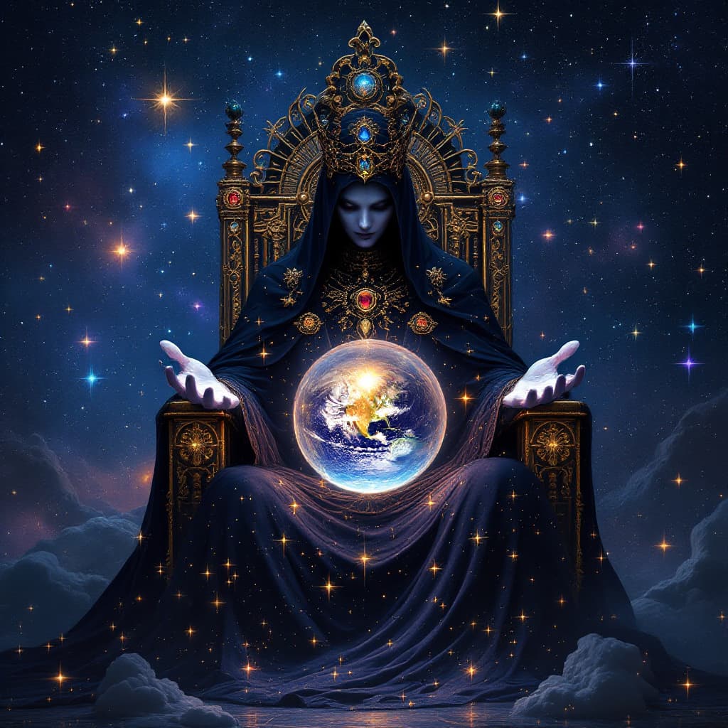 AI generated: Create a surreal, otherworldly image of a regal, shadowy, omnipotent being seated on a throne made o...
