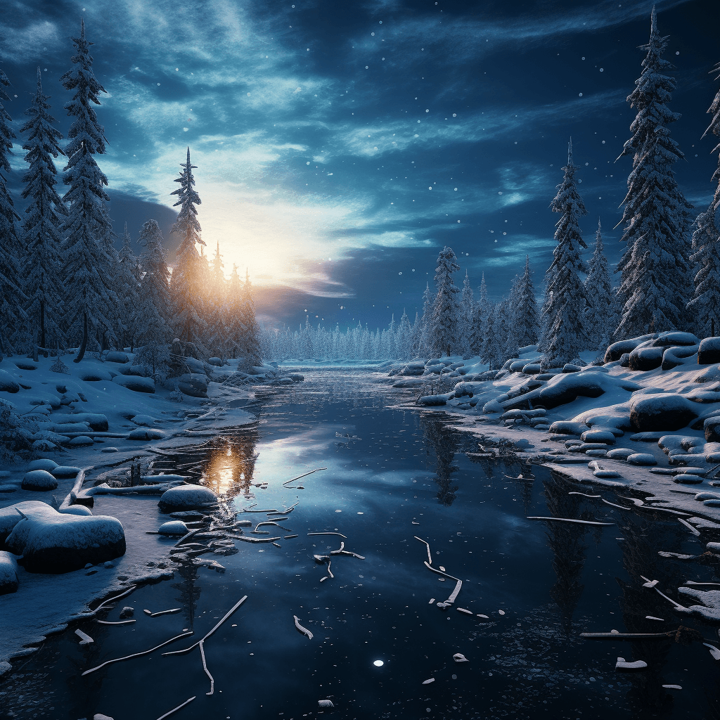 AI generated:  small lake surrounded by a frozen taiga forest, snow on the trees, winter, complex details, masterp...