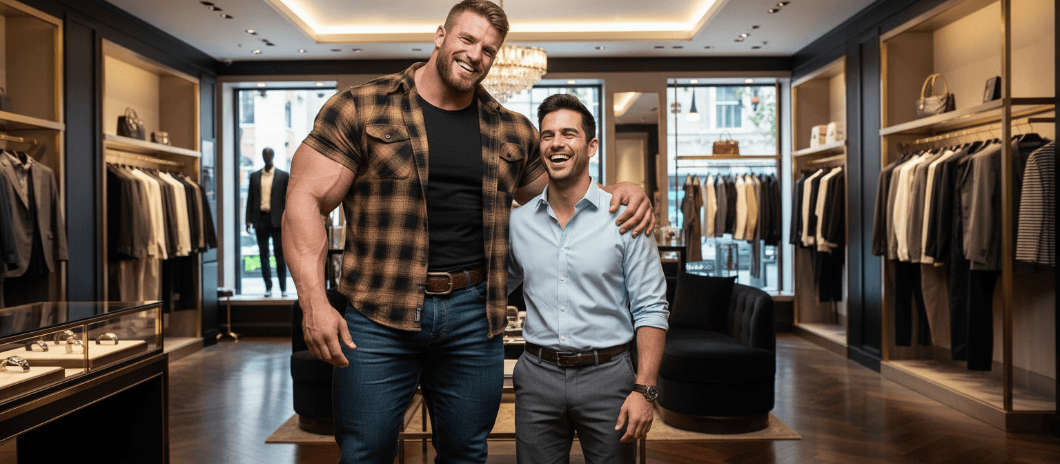 AI generated: At very luxurious clothing store. 

The bodybuilder is 6 feet 4 inches tall, he has huge muscular ...