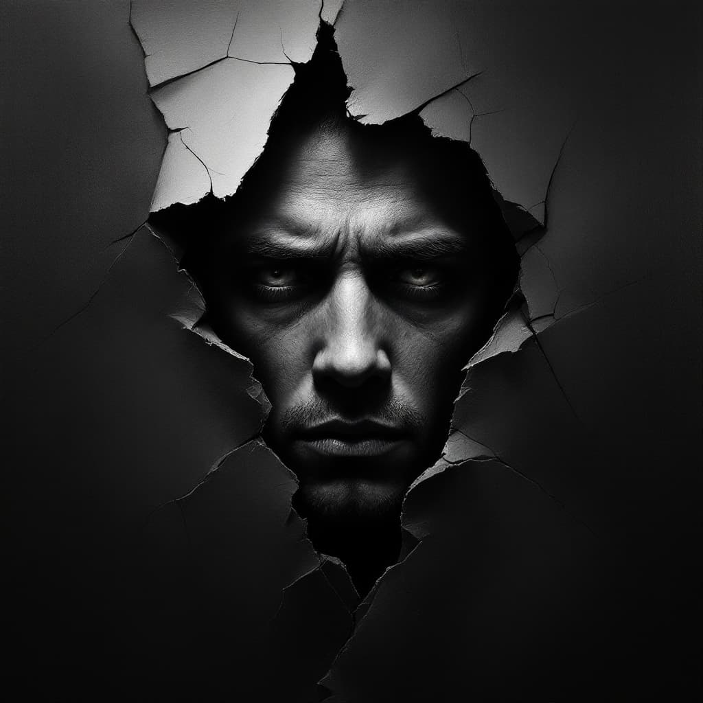 AI generated: A hyperrealistic oil painting on a dark background of a solitary male shadowy figure with an abstrac...