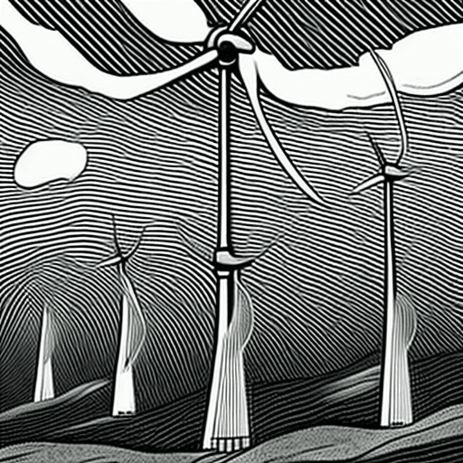 AI generated: artwork, like comic strip with a wind farm. Dynamic wind patterns should be shown swirling around th...