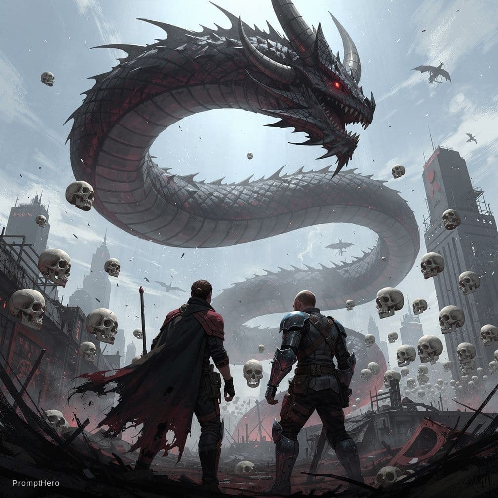 AI generated: two people are standing under a dragon watching other skulls, in the style of concept art, light sky...