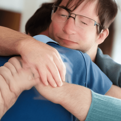 AI generated: realistic image of sad person being helped by a warm welcoming person