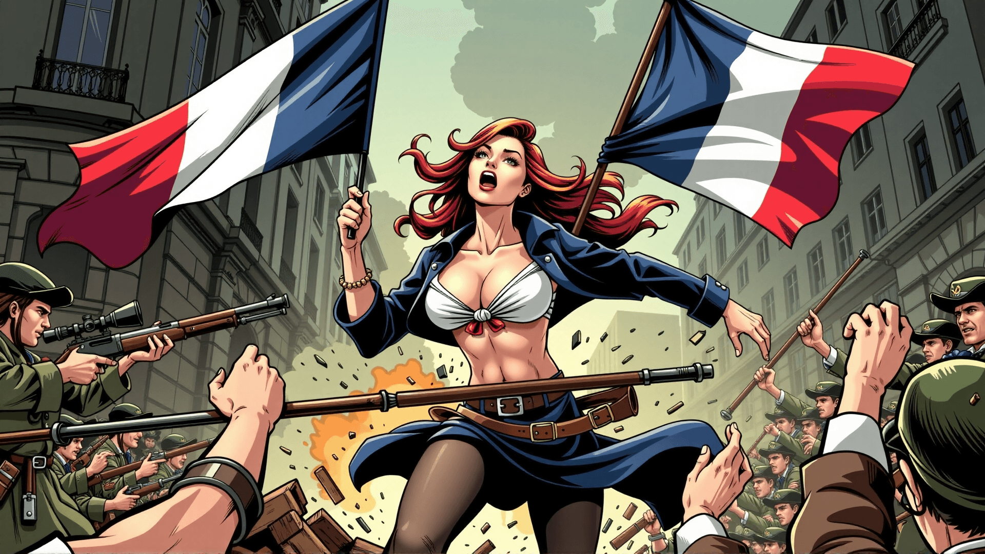 AI generated: A dynamic illustration in a graphic novel style. A heroic female figure (Marianne), with a partially...