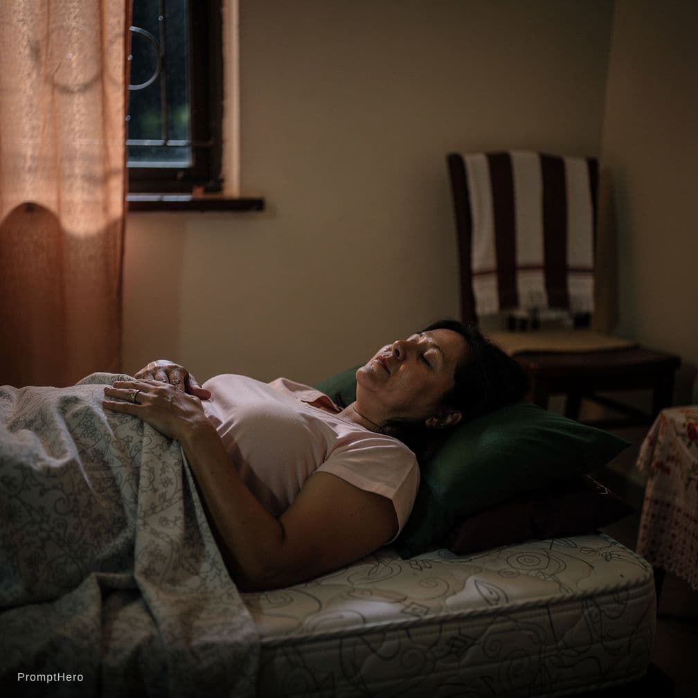 AI generated: A medium-close-up, low-light indoor photograph shows a sumowtawgha woman sleeping on a bed. The woma...