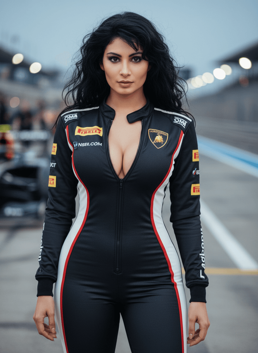 AI generated: A gorgeous female, dressed in a sleek and form-fitting Formula 1 driver's suit, stands confidently w...