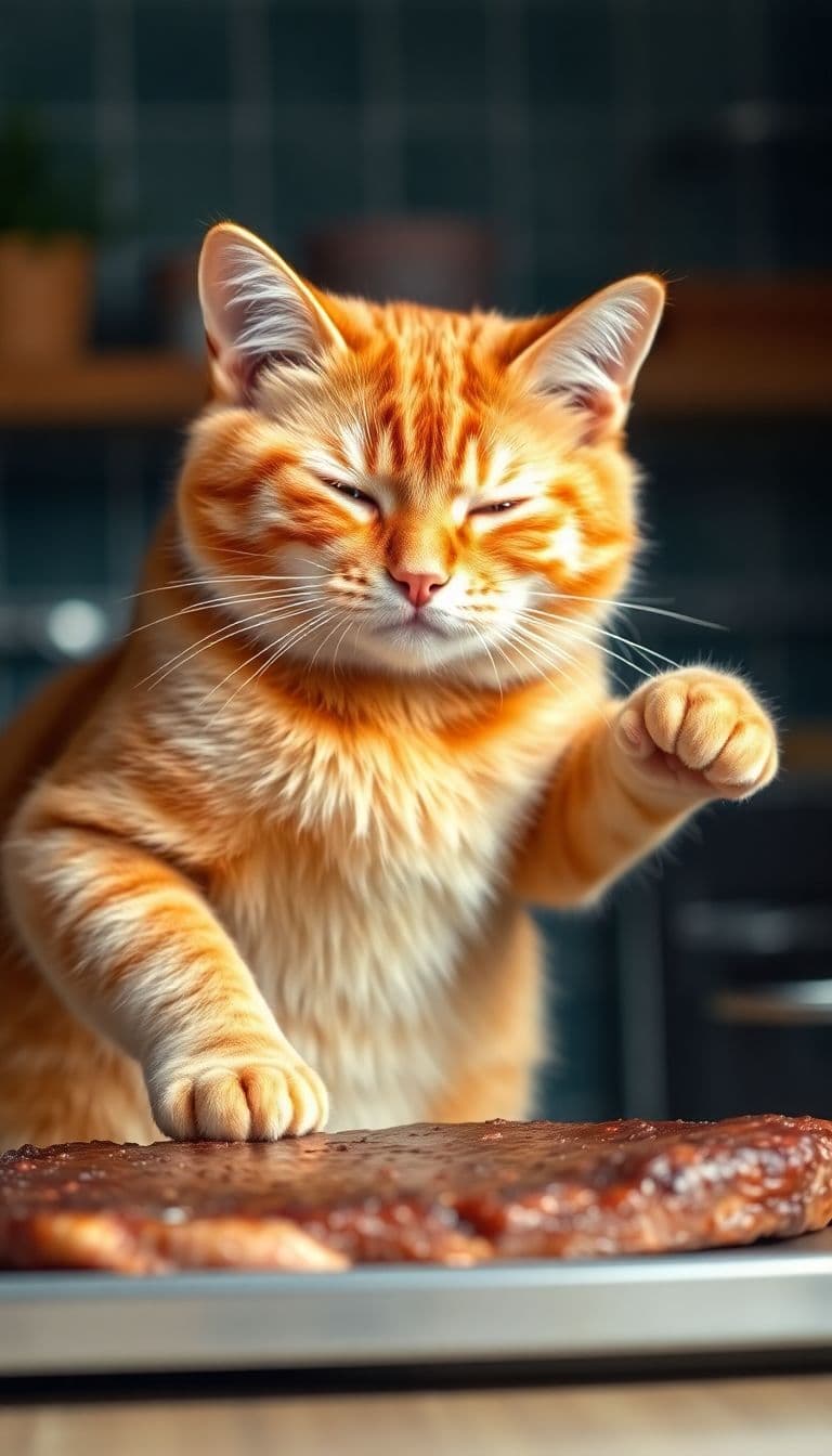 AI generated: Orange cute fat cat is making a steak