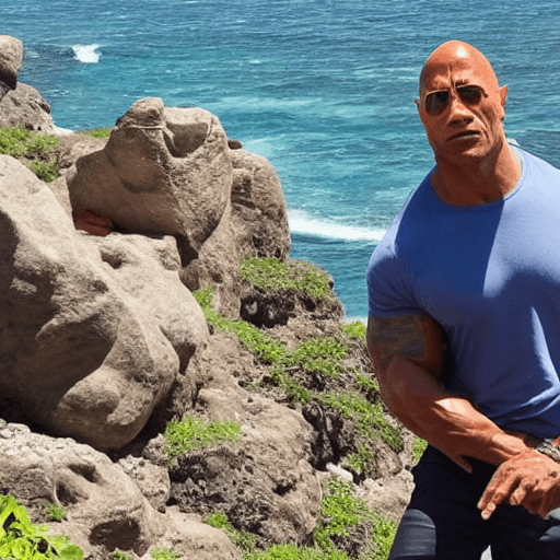 AI generated: Dwayne Johnson en una isla comiendo piedras
