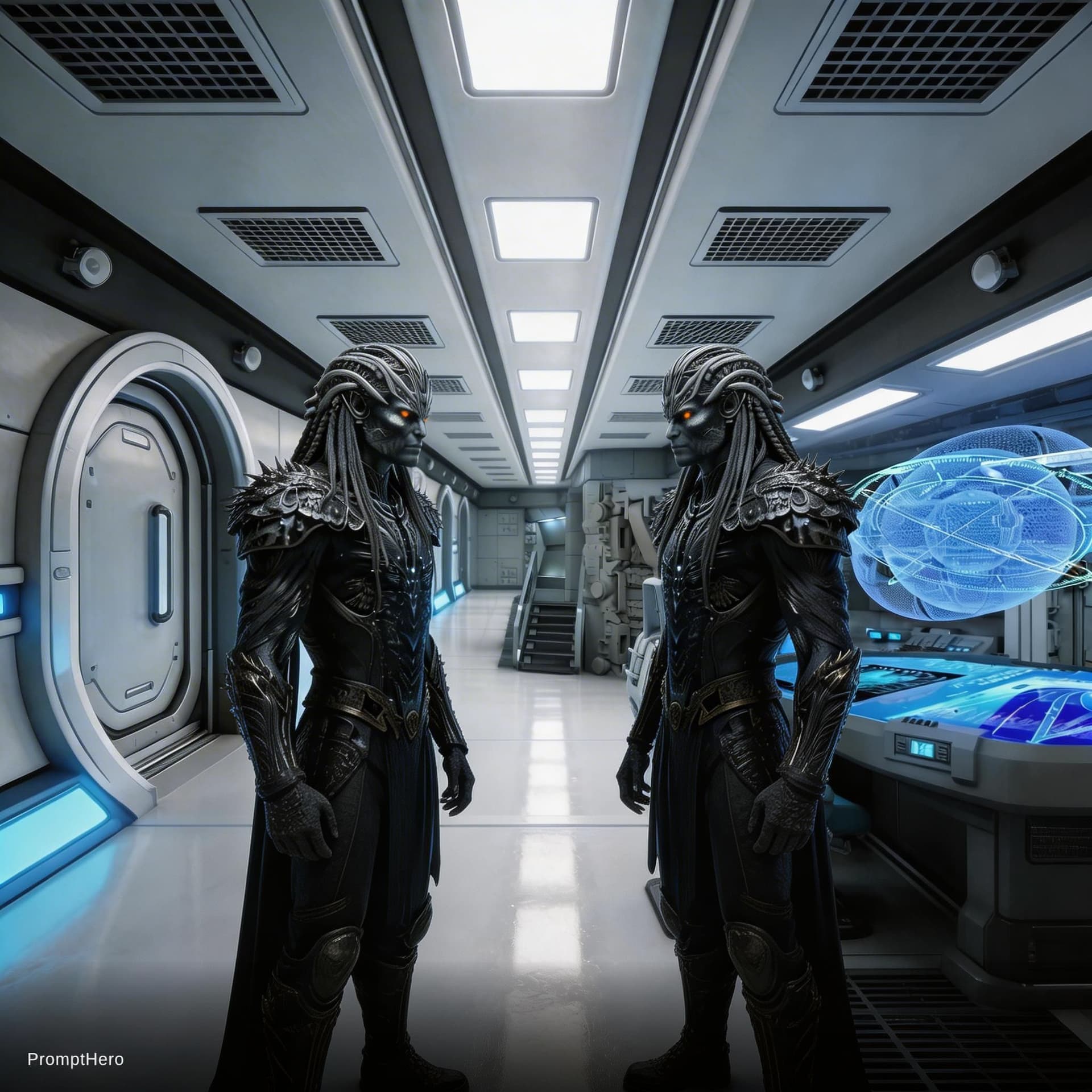 AI generated: Sci-Fi Cinematic Scene. Place the male characters, only, in reference image 2 in reference image 1. ...