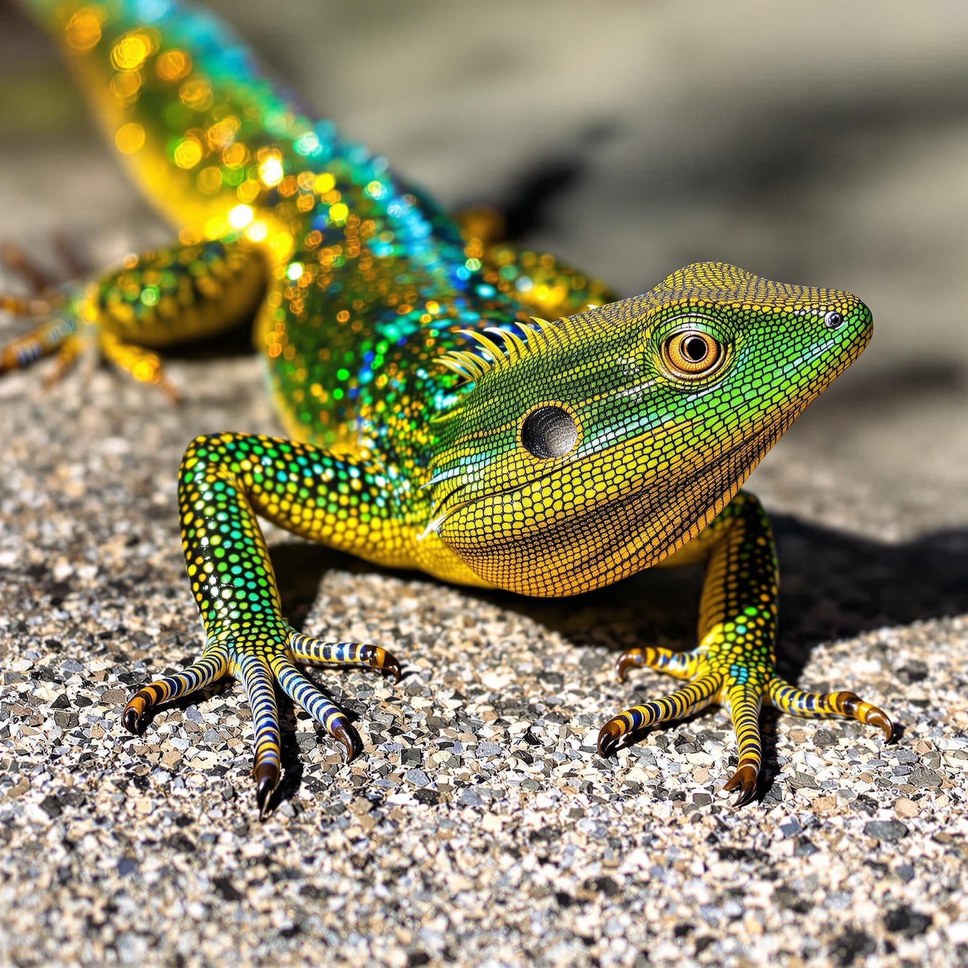 AI generated: A sun-soaked lizard basks on a warm stone, its shimmering scales catching the light. The vibrant hue...