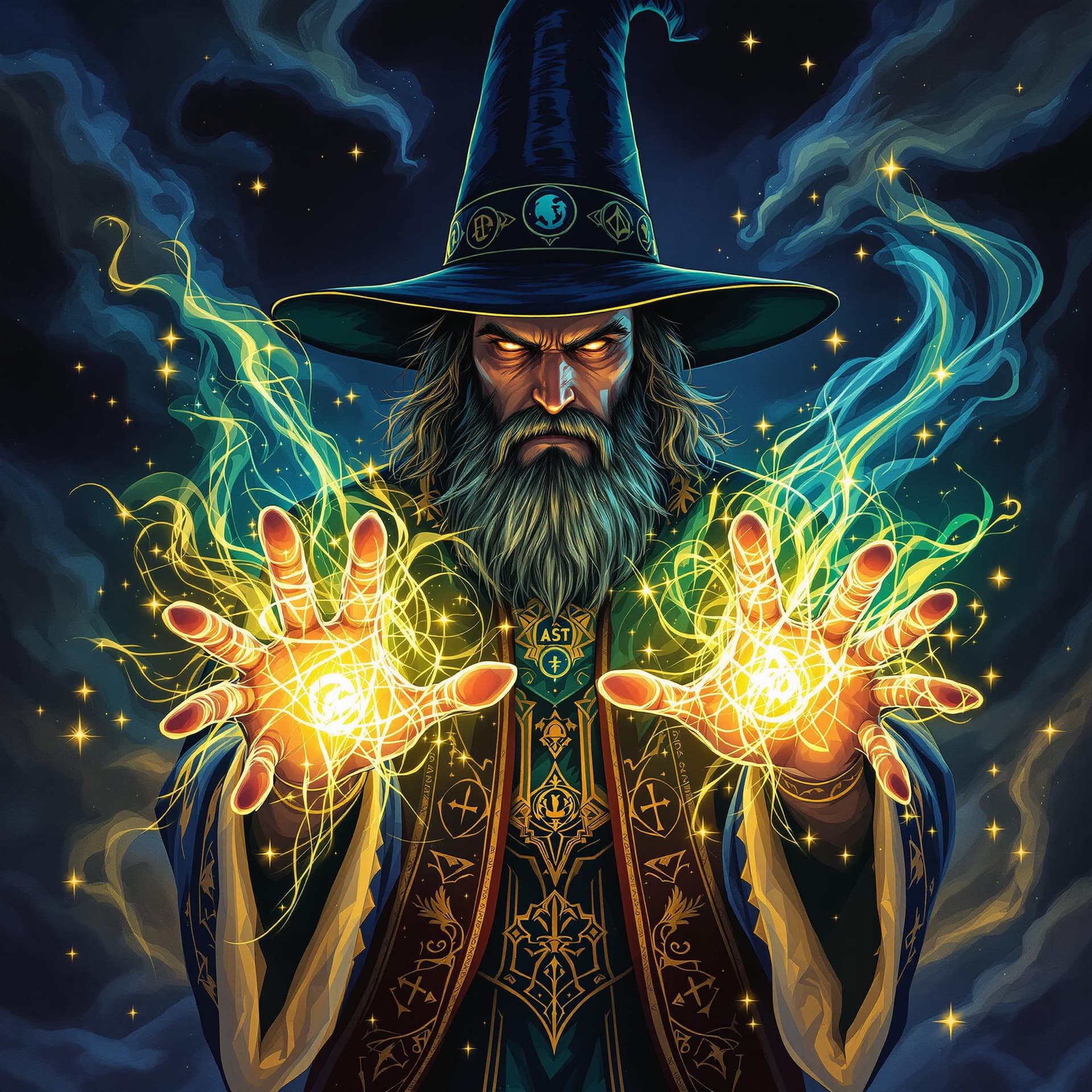 AI generated: A highly detailed and colorful illustration of a mysterious wizard with a tall, pointed hat, facing ...