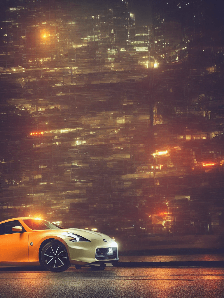 AI generated: a picture of a nissan 370z, modern car, orange color, perfectly centered, dark night, neon lights in...