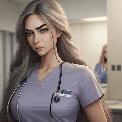 AI generated: A realistic photo of a woman in medical scrubs and a comforting presence. She has long, flowing hair...