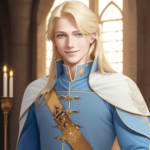 AI generated: generates a prince charming, blond with blue eyes and long hair, tall and muscular, chivalrous with ...