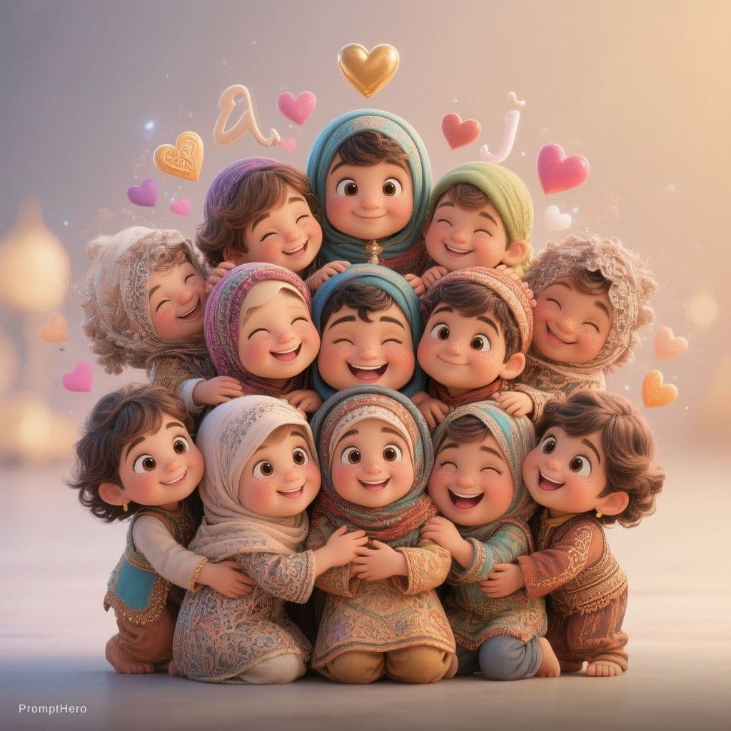 AI generated: A large Arabic letter "Alif (أ)" formed by a group of cute Muslim children hugging each other with l...