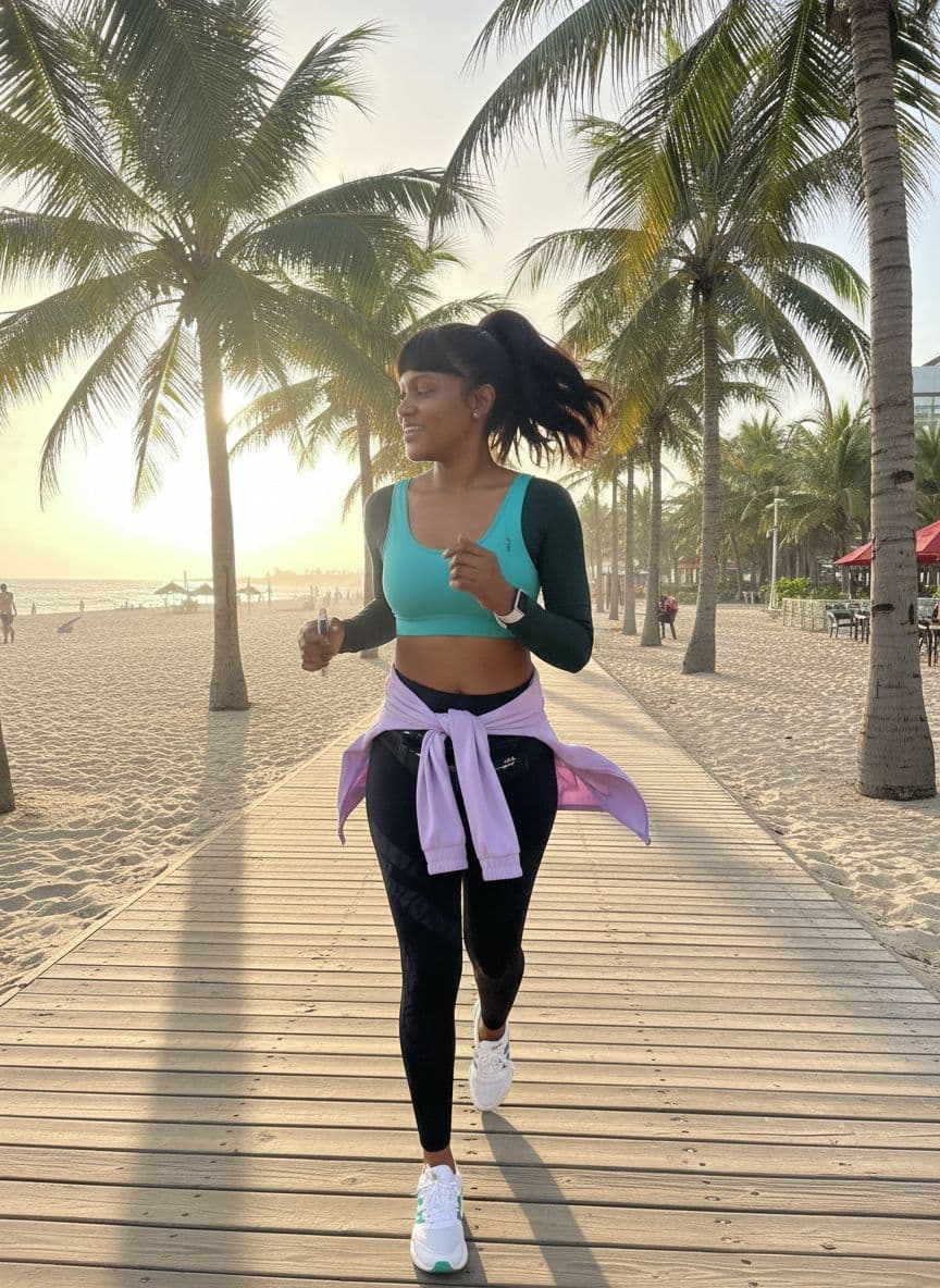 AI generated: Sarah maintains a steady rhythm as she jogs along the palm-lined beach path, her athletic frame movi...