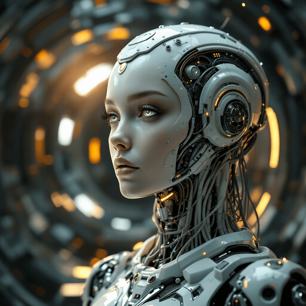 AI generated: medium long shot photo, gorgeous woman, porcelain robot body, beautiful android face, head with wire...