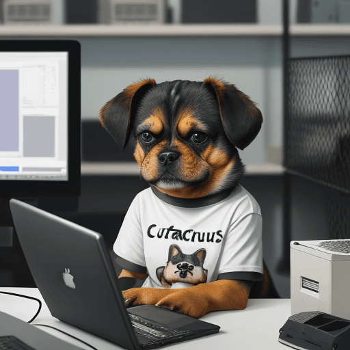 AI generated: cute dog wearing  t shirt that says "ACTURIS"
,surrounded by computers and server and wire