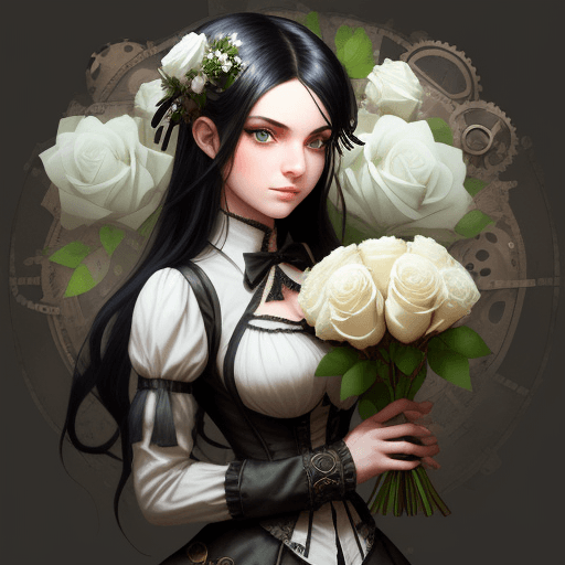 AI generated: girl with black hair and green eyes holds a bouquet of white roses in her hands, steampunk style, li...