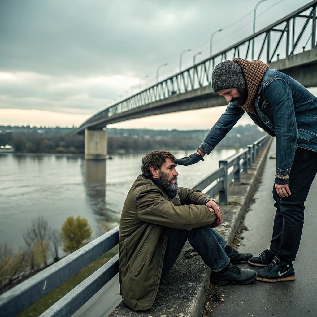 AI generated: rugged looking man sat in silence on the edge of a bridge ready to take his own life. he is saved by...