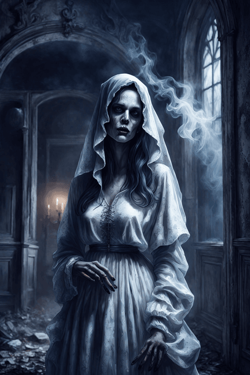 AI generated: Photorealistic art masterpiece, scary smoking ghost  in gothic style  in a old abandoned villa , sca...