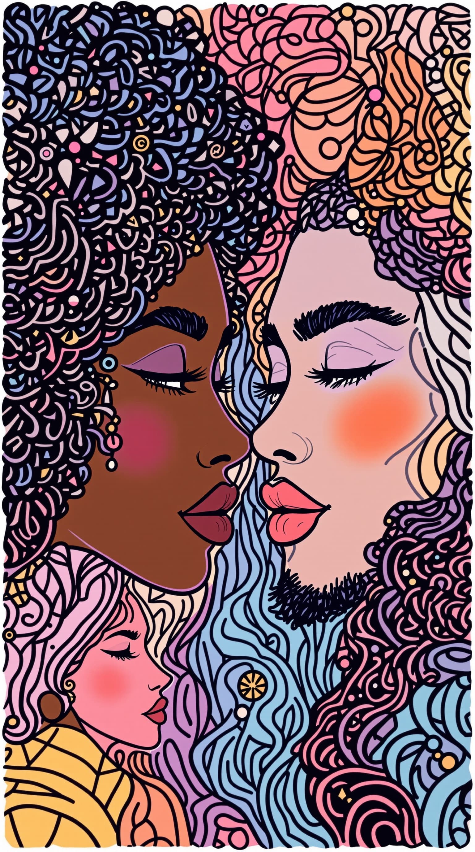 AI generated: continuous-line-drawings-of-black women and men-with-pastel-colors-sticker-2d-cute-fantasy-dream-905...