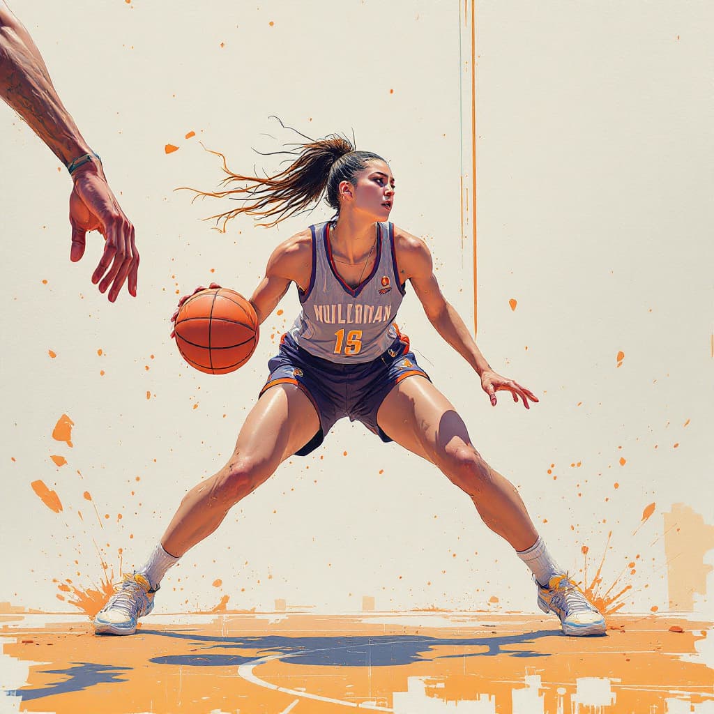 AI generated: a ultradetailed beautiful panting of a woman dribbling a basketball, by conrad roset, greg rutkowski...