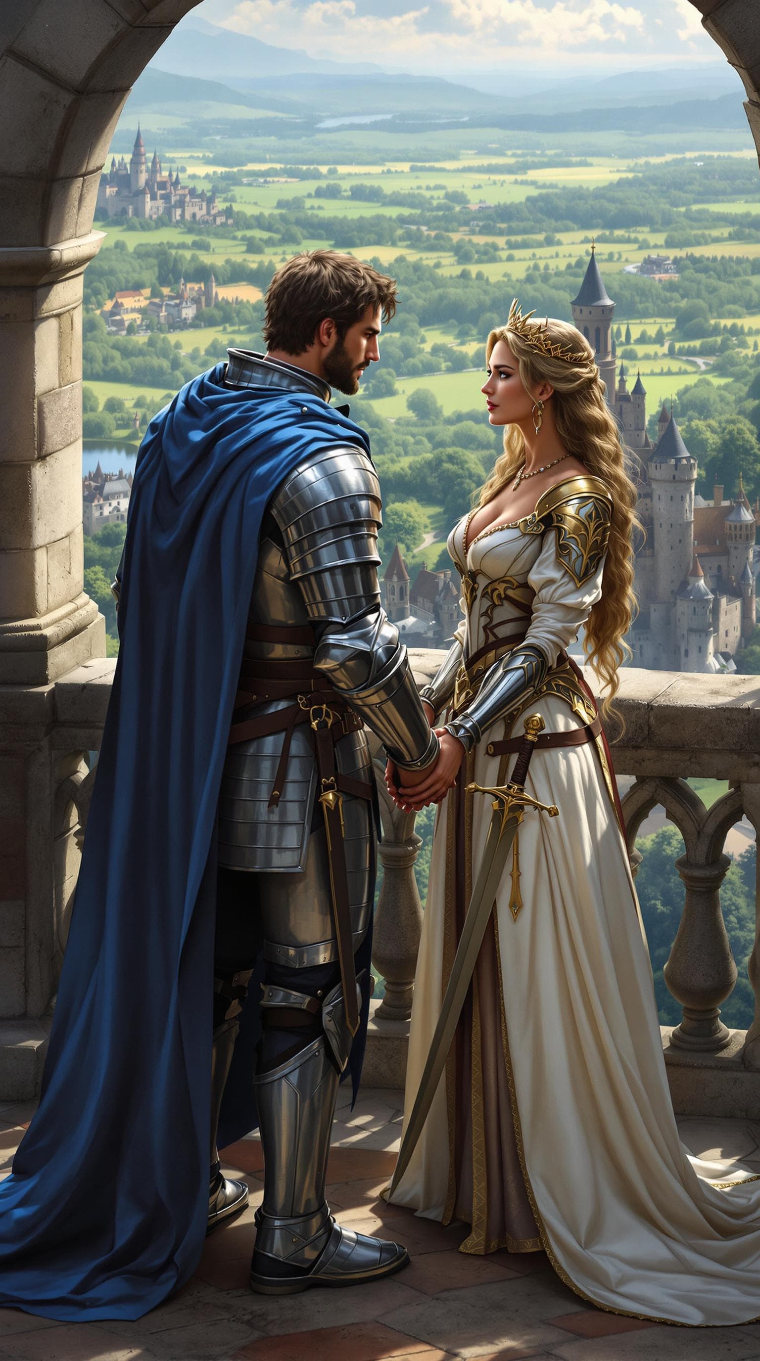 AI generated: "A medieval knight and his warrior queen standing together on a castle balcony, overlooking a vast k...