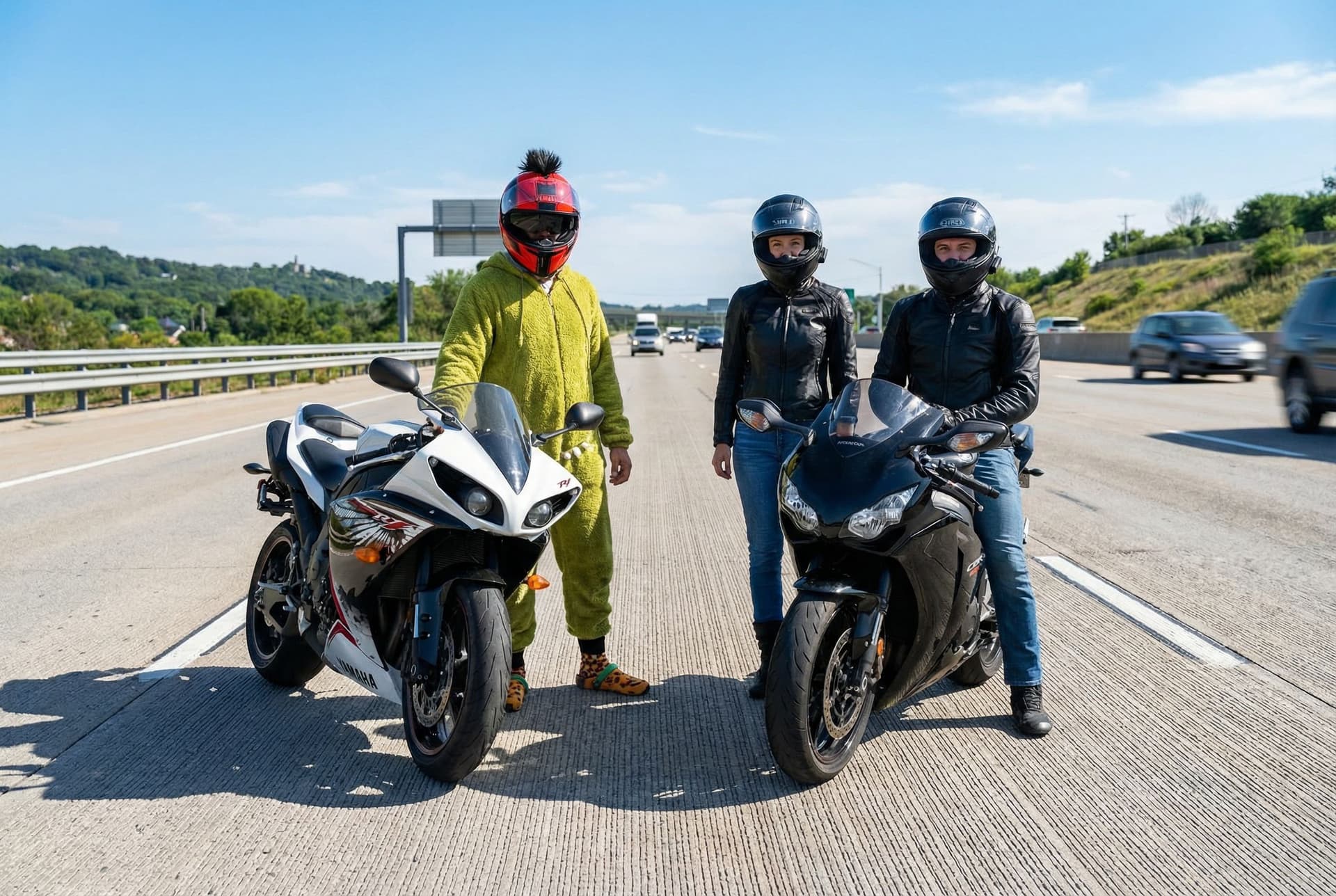 AI generated: Added me beside my bike on highway beside my friend 